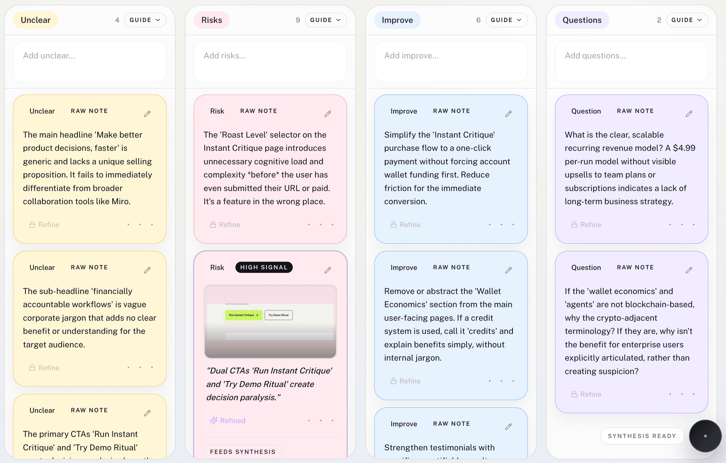 SilentCritique lane board showing unclear, risks, improvements, and questions with evidence-backed critique notes.